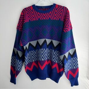 Vintage GANT Rugger Wool Blend Blue Pink Geometric Sweater Crewneck